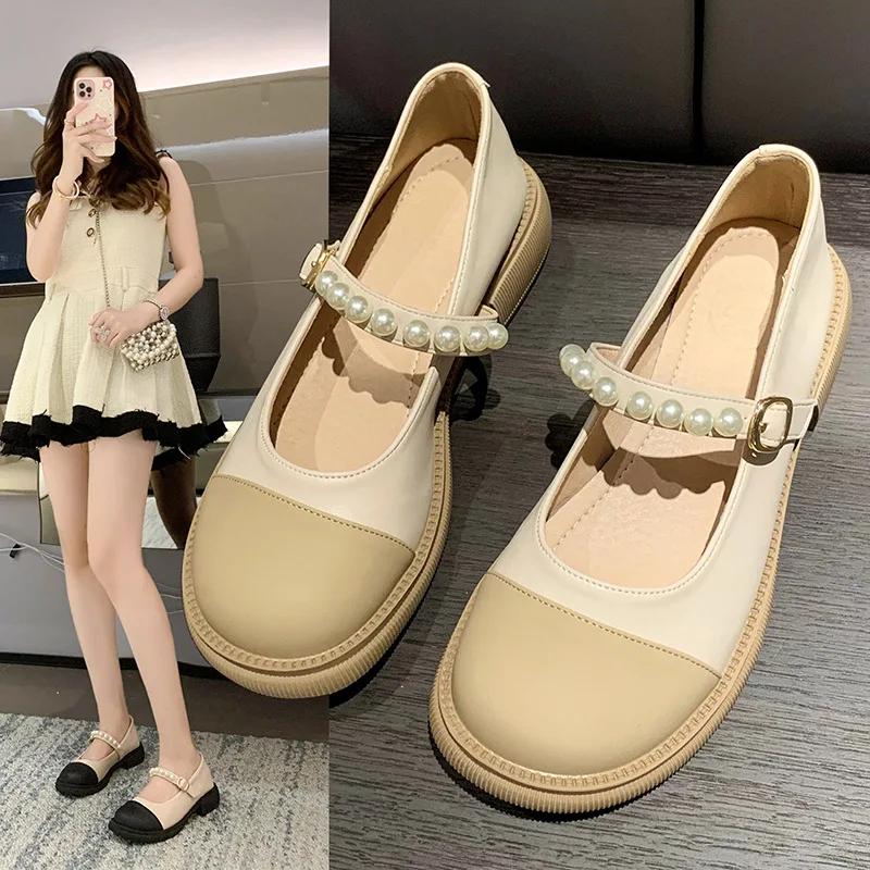 2023 Spring  Autumn New Round Toe Leather Pacthwork Pearl Buckle Shallow Mouth Comfortable Med Heel Shoe Women Pumps