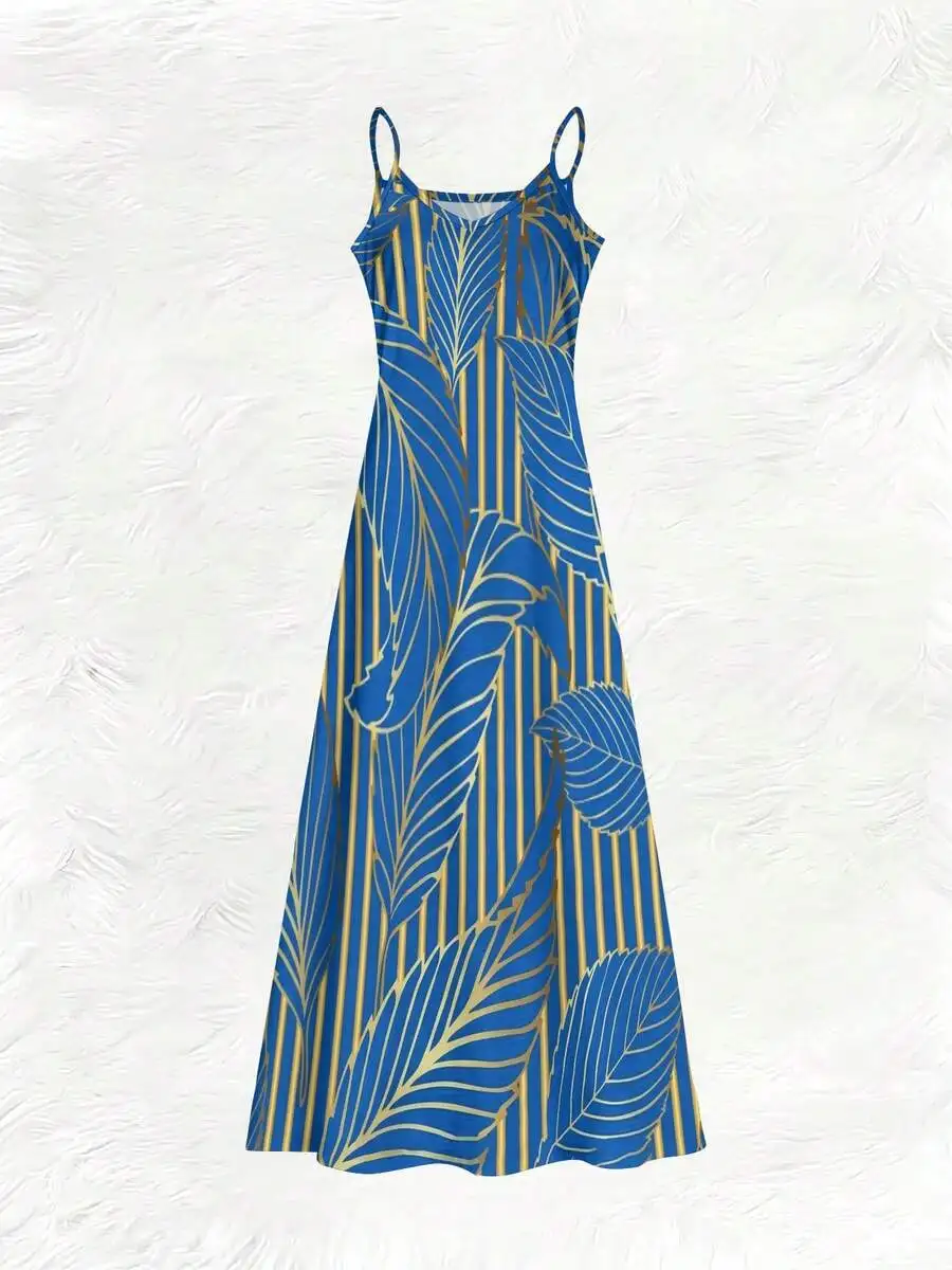 

Blue Tropical Leaf Print V-Neck Halter Maxi Dress For Women Soft Comfortable Beach Casual Summer Wear