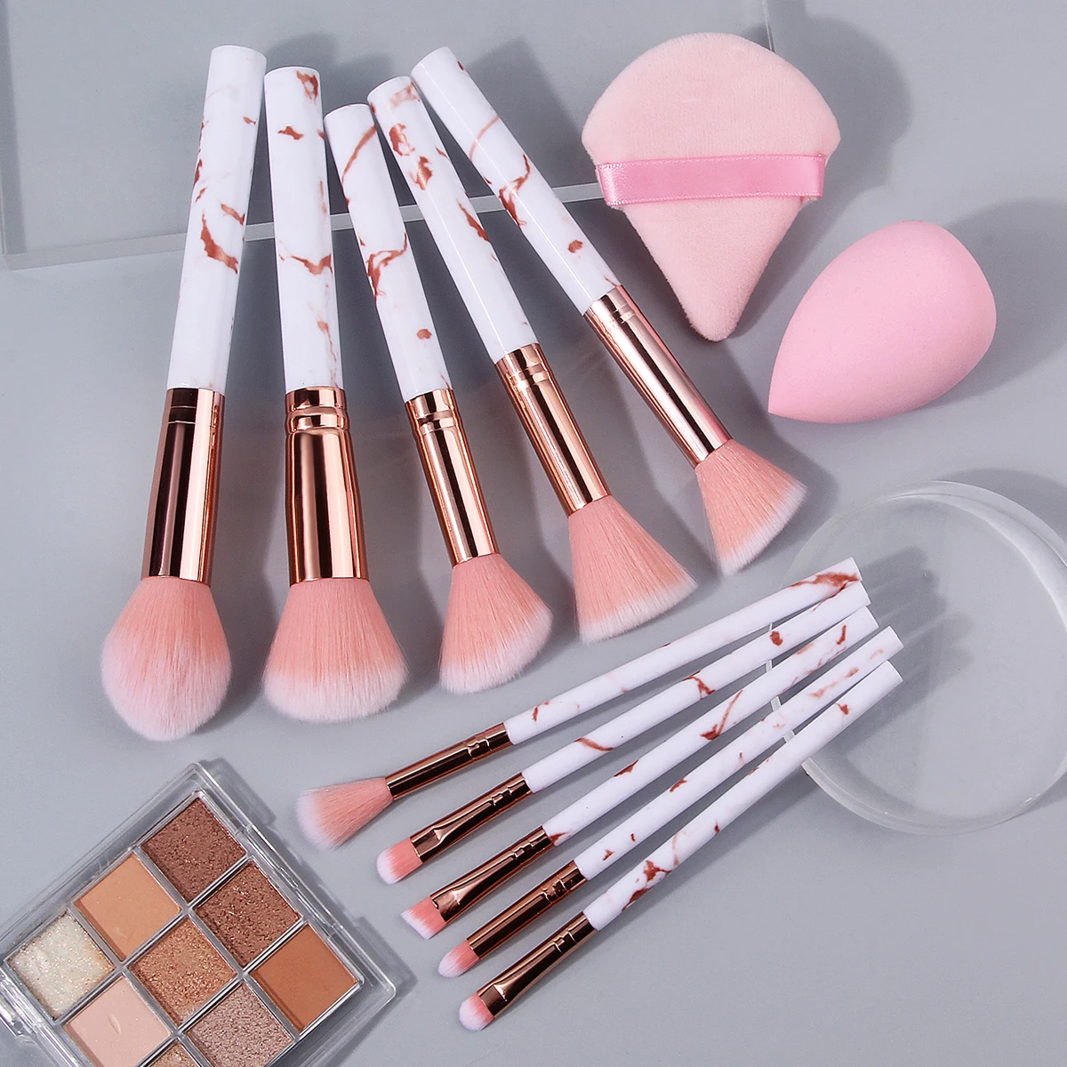12-teiliges multifunktionales Make-up-Pinsel-Set mit rosa Marmormuster und trockenem und nassem Mehrzweck-Make-up-Schwamm-Puderquasten-Set