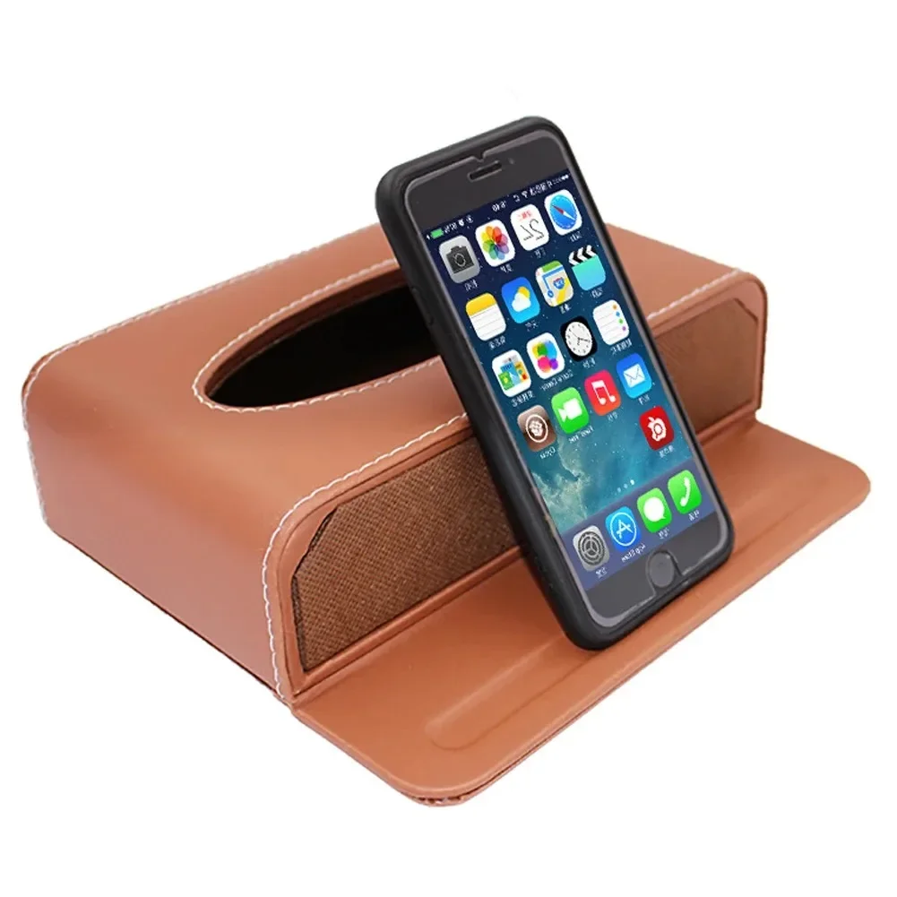 Luxury Leather Car Tissue Box with Phone Slot Dual Use Anti-slip Mobile Support Holder for Car Styling Black Red Brown