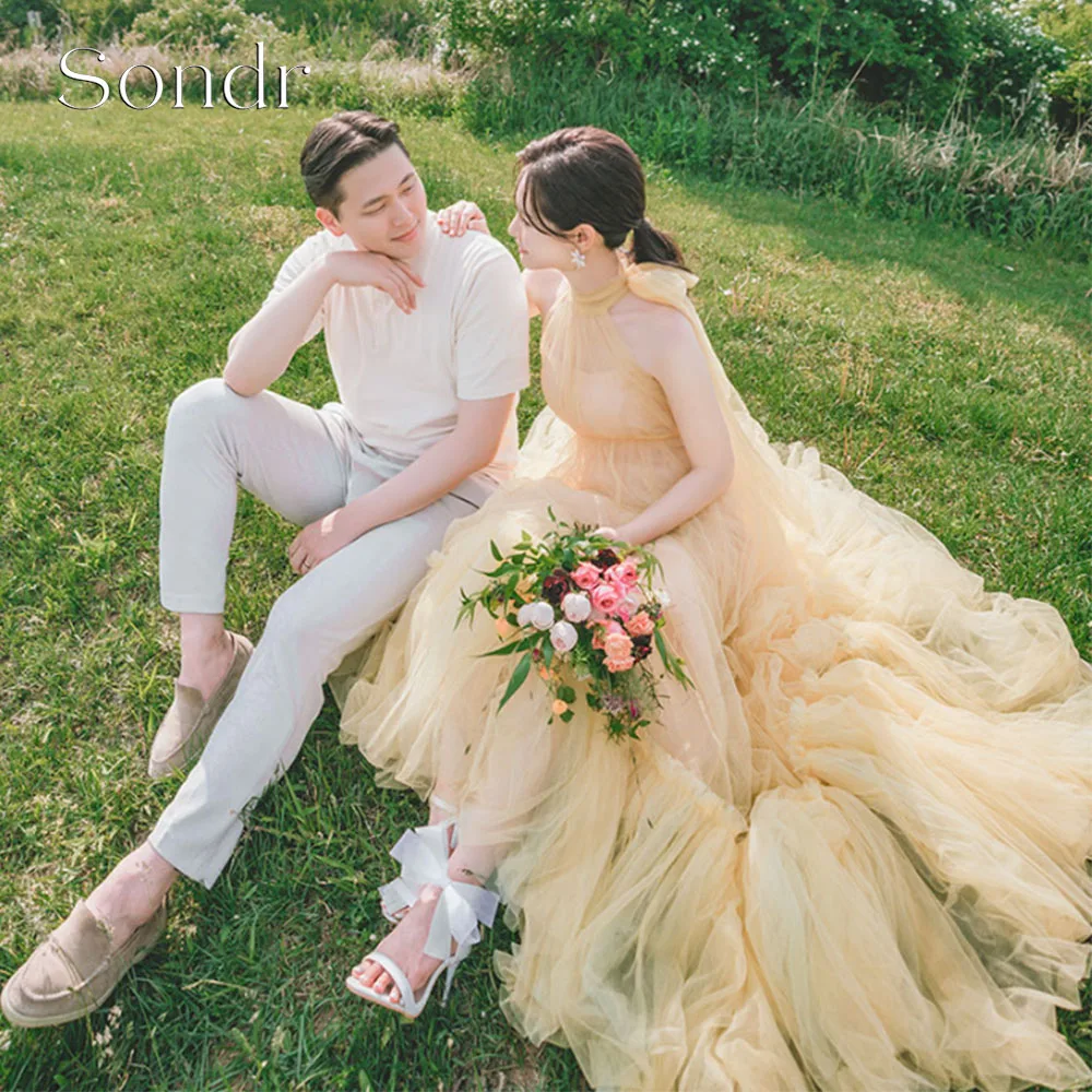 Sondr Customized Light Yellow Korean Wedding Snap Dresses 2026 O-Neck Sleeveless Tulle Bridal Party Gown Evening Dresses