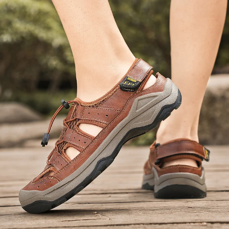 New Summer Genuine Leather Men Sandals Fashion Design Breathable Casual Shoes Men Soft Bottom Outdoor Beach Sandals Big Size 46