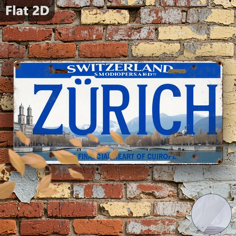 Vintage Blechschild 2D Flach Retro Metall-Dekoration für Zürich, Schweiz, Wanddekoration für Café, Garage, Auto, Reise