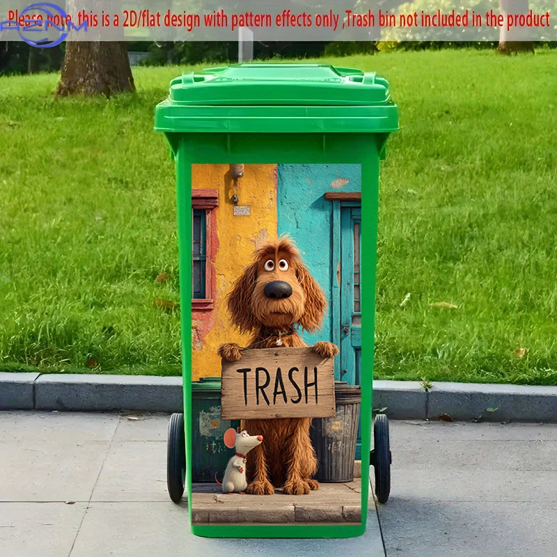 2D Flat Printing 1pc 2D Pattern Printed Kitchen Trash Can Sticker xinch, Dog and Rat Sharing the Trash Themed Kitchen Home Dec