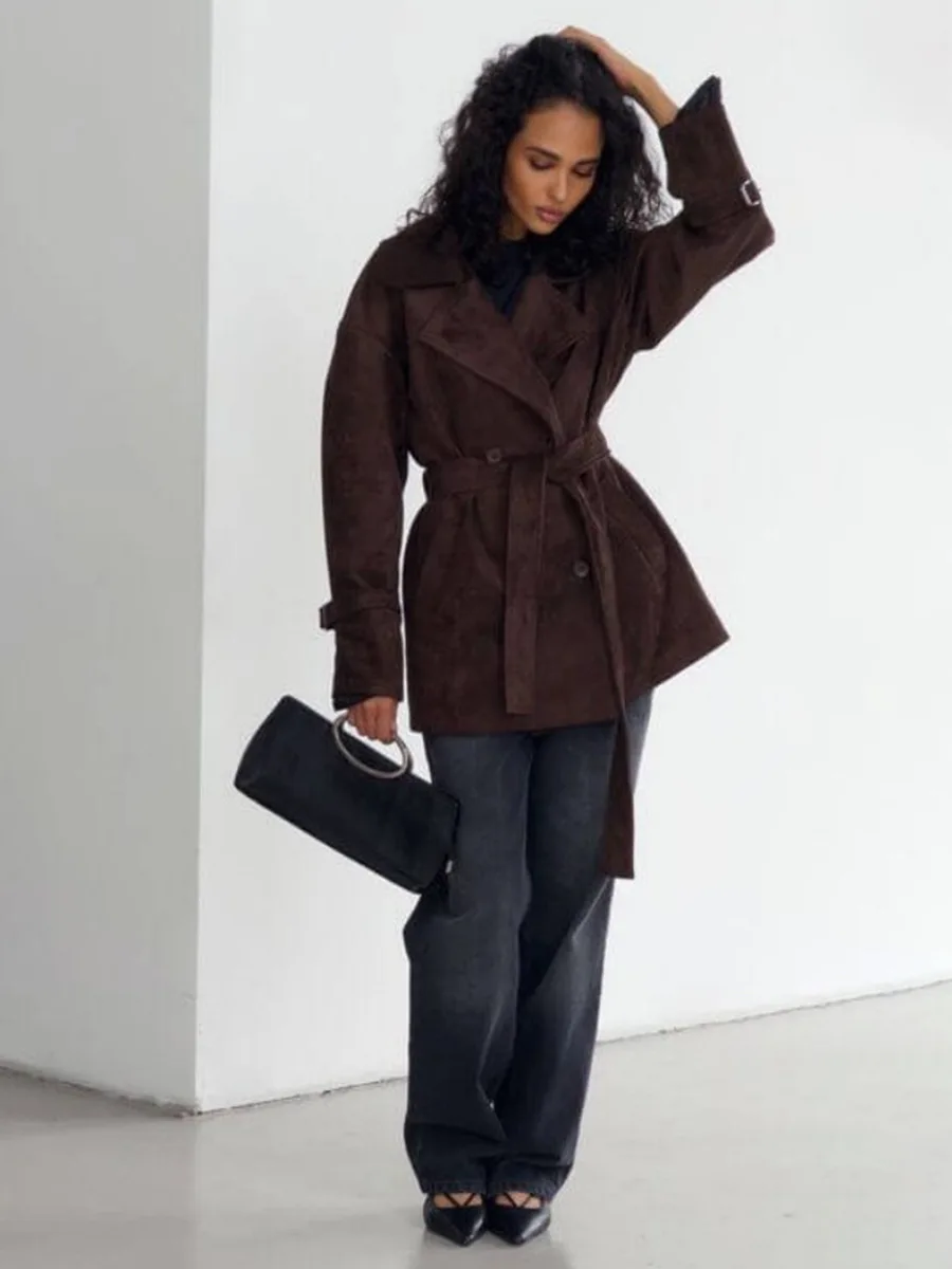 

Vintage Suede Long-sleeved Jacket Coat Female V Neck Lace Up Jacket 2025 Autumn Winter New Commute Office Lady Outerwear