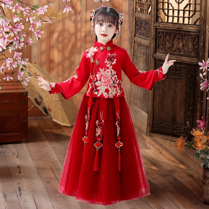 

Hanfu Girls' Autumn And Winter New Ancient Red Qipao Children's Chinese Style Tang Dress Performance Set Princess Long Sleeved