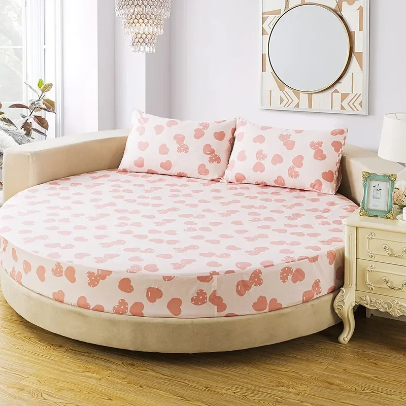 

3Pcs Cotton Fitted Sheet with Elastic Bands Bed Linen for Round Mattress Cover Solid Color Queen Size Bedspread with Pillowcase