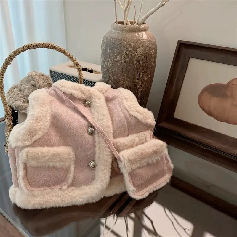

01-Autumn Winter New Girls' Vest Autumn Winter Outfit Children's Fleece Vest Baby Warm Vest Top with Bag