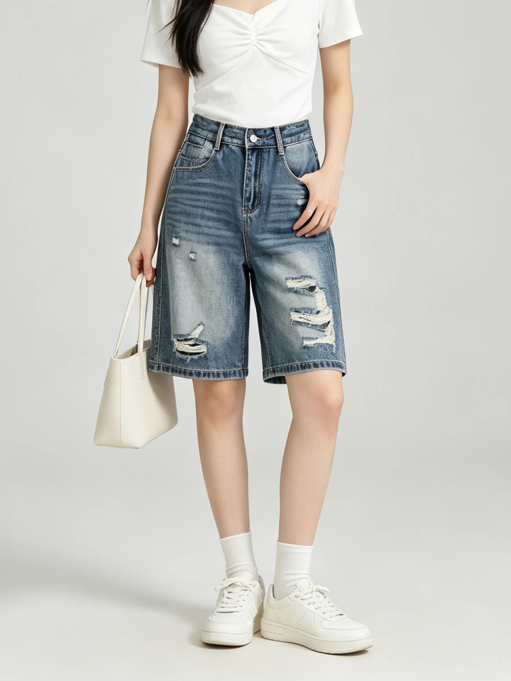 

High Waist Wide Leg Denim Jeans Women's Summer Loose Fit Five Tenths Pants Slimming Versatile Korean Style Ripped Jeans