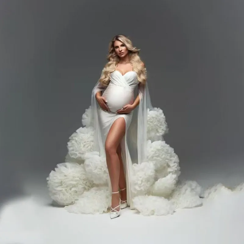 

Ivory Handmade Women Maternity Dresses with Cloak Pleated Sleeeves Tulle Prengnant Gown Side Slit Luxury Puff Pregnant Dress