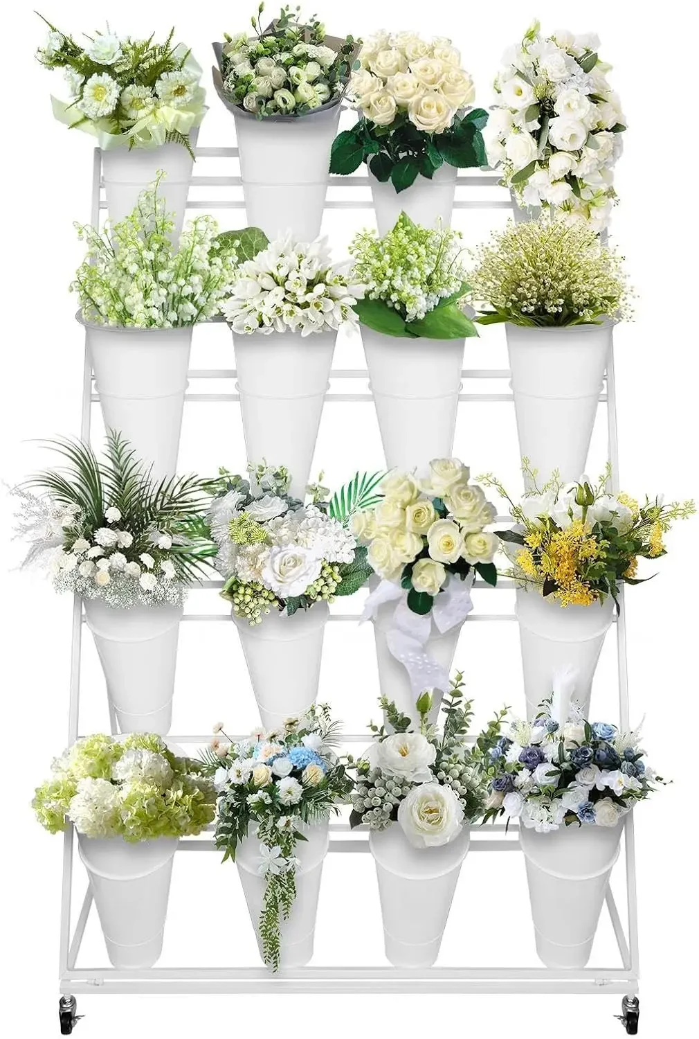 4-Tier Flower Display Stand with 16 Buckets & Brake Casters, Mobile Plant Organizer – Layered Floral Shelf for Indoor Outdoor, M