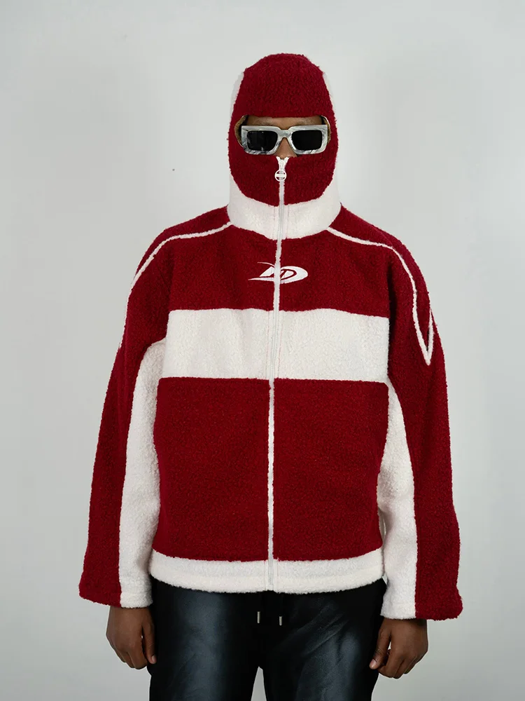 

2000s winter warm vintage hip hop red masker zip up Design sense Gothic Ninja style HOODIE Oversized streetwear Y2K couple tops