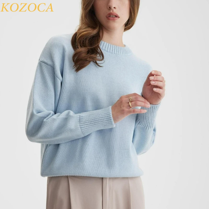 Kozoca Sweaters for Women 2023 Winter Vintage Solid O-neck Knitted Oversized Sweater Women Jumper Long Pullovers Sueter Mujer