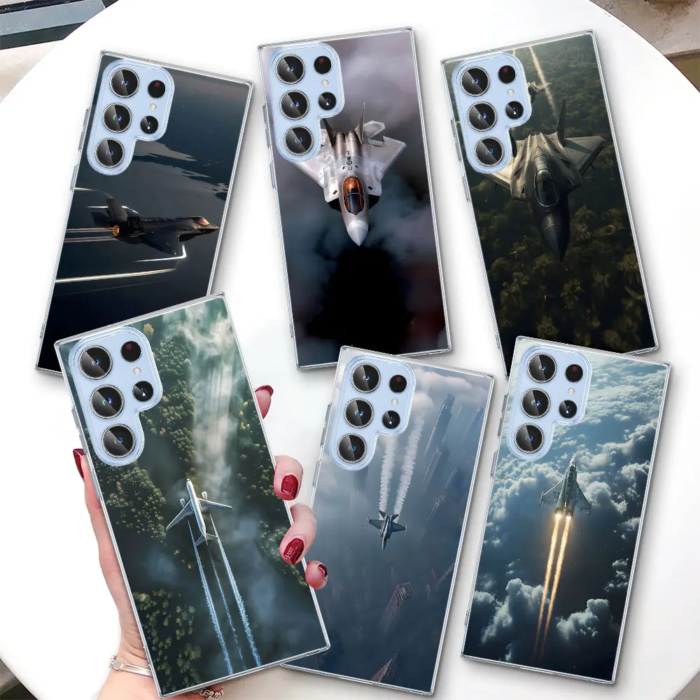 Coque transparente pour Samsung Galaxy S26 S25 Edge S22 S23 S24 S20 Ultra S21 FE S10 Plus, motif avion de chasse futuriste