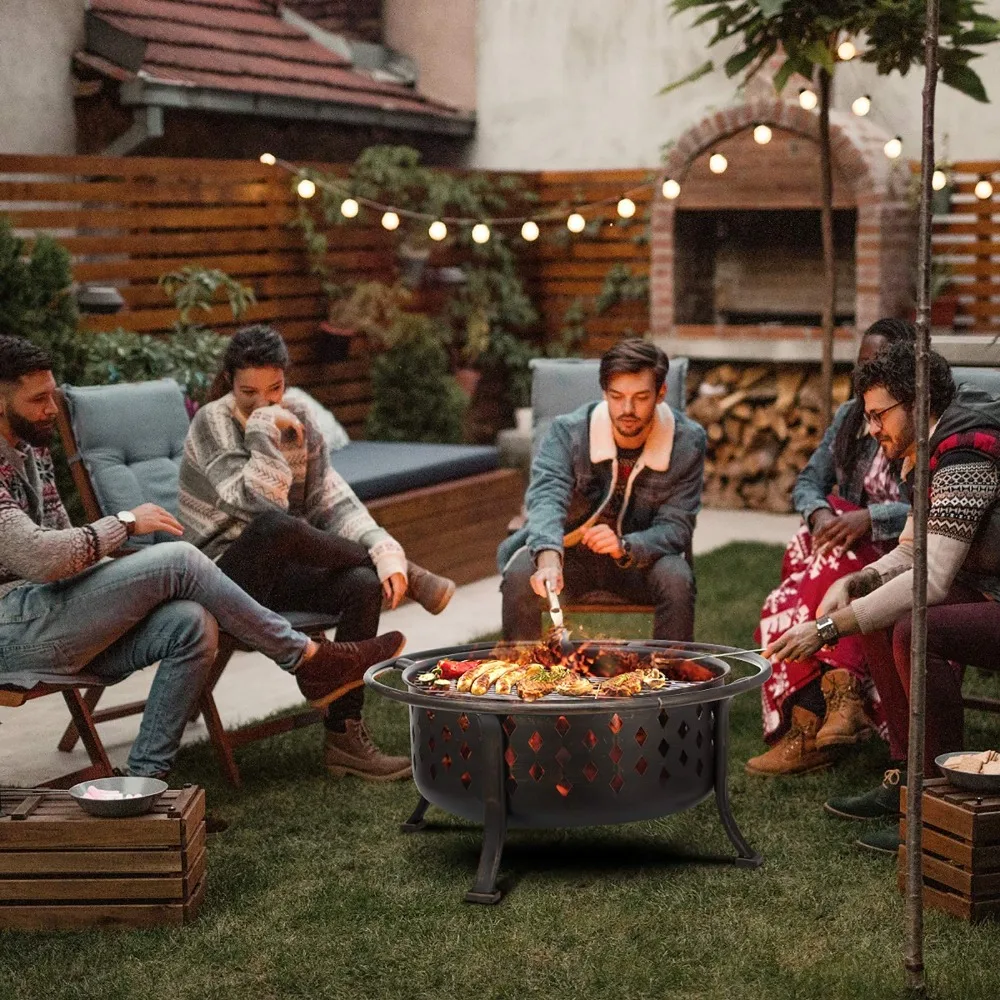 36 Inch Fire Pits for Outside Large Outdoor Wood Burning Crossweave firepit Heavy Duty Steel Bronze Bonfire Pit for