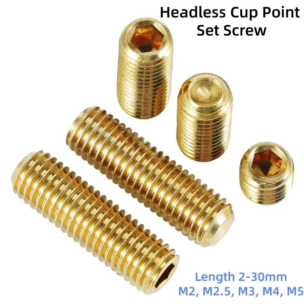 Brass Cup Point Set Screws, DIN916 Hex Allen Socket Grub Bolts, M2/M2.5/M3/M4/M5 Headless Cup Point Set Screws, Length 2-30mm