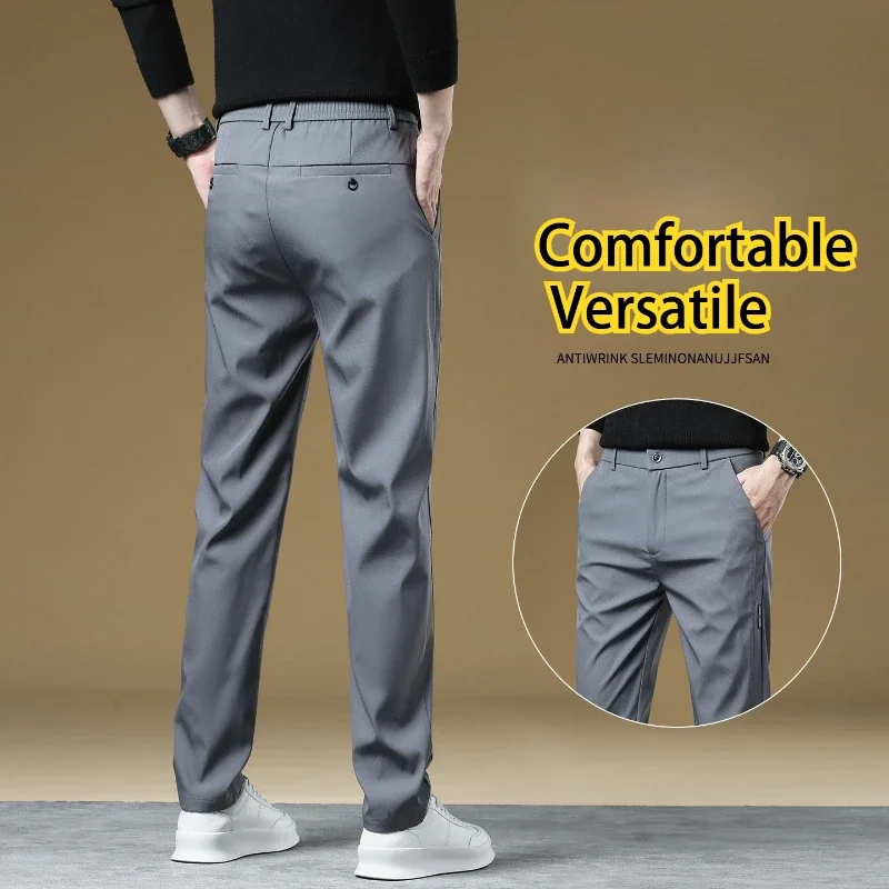 Men Spring Autumn Casual Slim Tapered Pants Lightweight Wrinkle Resistant Business Commuter Classic Solid Color Long Trousers