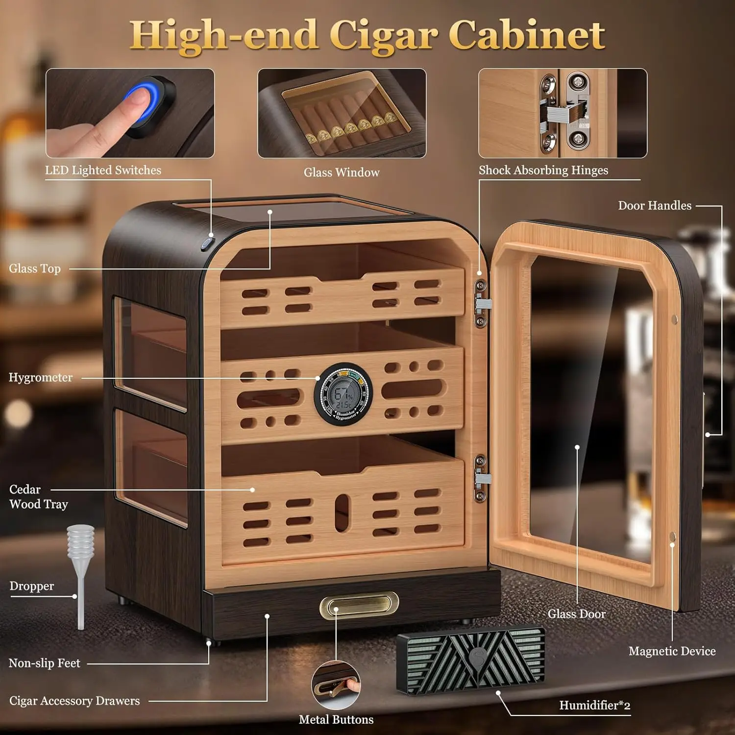 Cedar Wood Drawer Cigar Cabinet for 80-120 Cigars, Cigar Humidor, LED Lighting System, Digital Thermometer and 2 Humidifiers