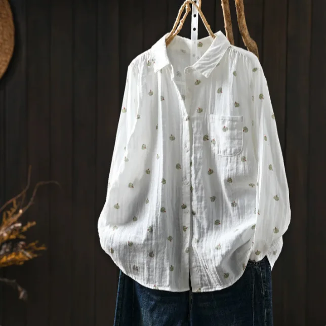 Women Autumn New Japan Style Cartoon Printed Cotton Yarn Shirts Vintage Turn Down Collar Long Sleeve Casual Loose Blouse Tops 2