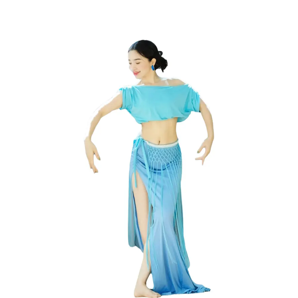 Belly Dance Competition Women's High-end One Shoulder Blue Pearl Ultra Long Tassel Performance Clothing Stage Practice Dress