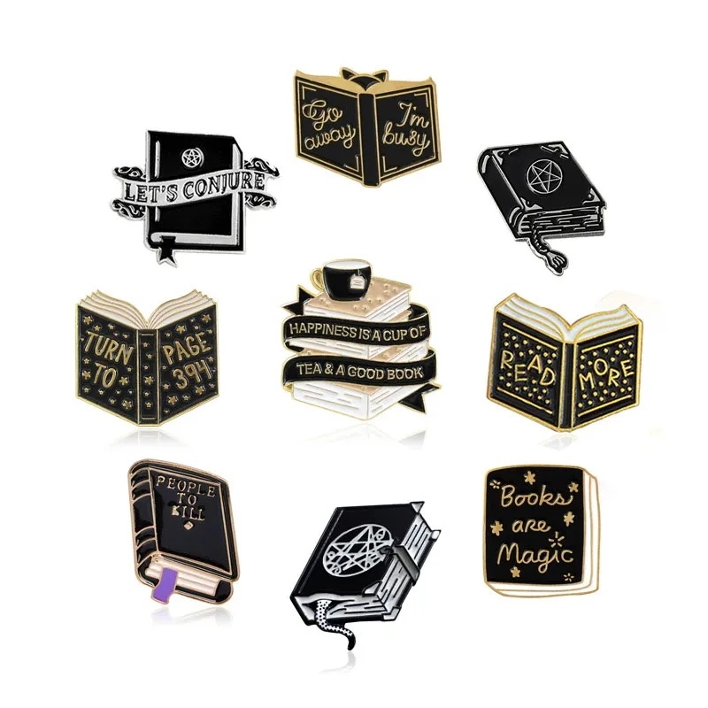 Literary Reading Theme Brooch Book Flowers Fun English Alloy Badge Enamel Pins Lapel Badge Fashion Jewelry Gift for Fans Friends