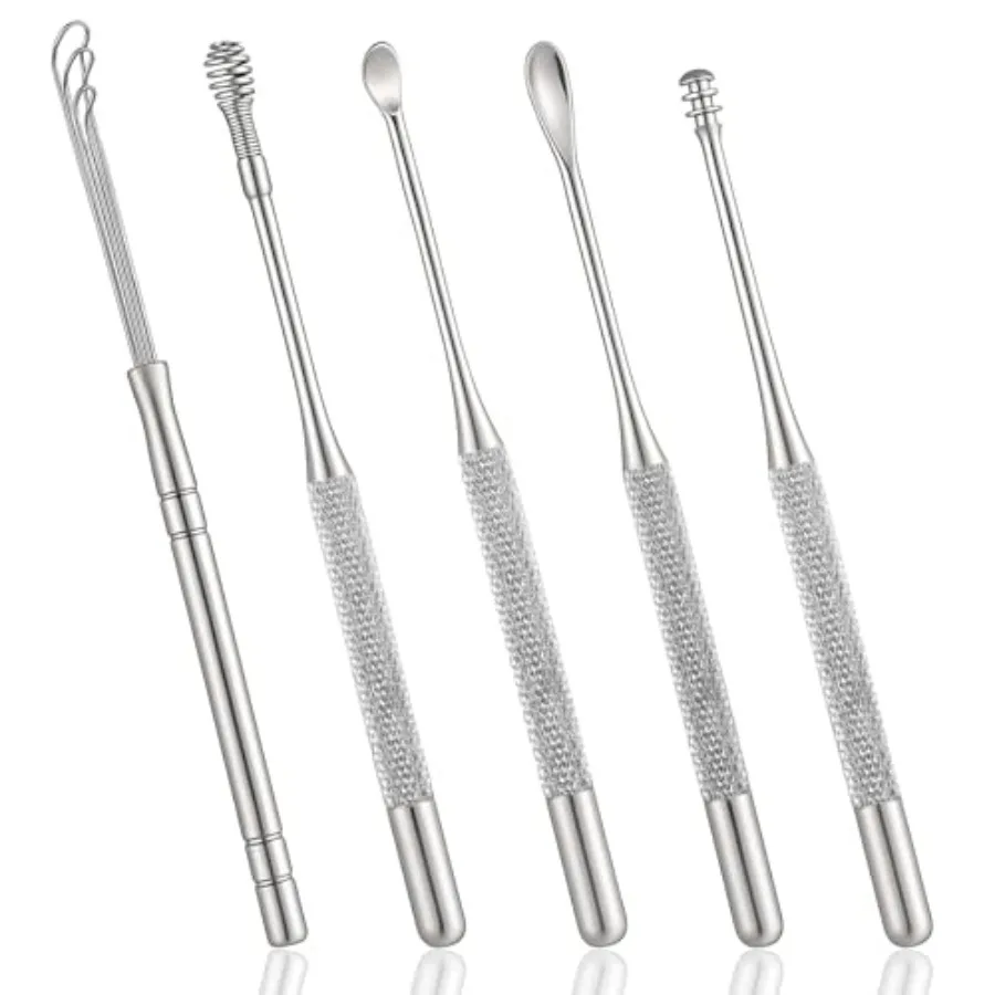 

Ear Pick Earwax Removal Kit, 5 Pcs Stainless Metal Ear Cleaning Tool Set with Ears Spoon and Spiral Spring Ear-Curette Remover