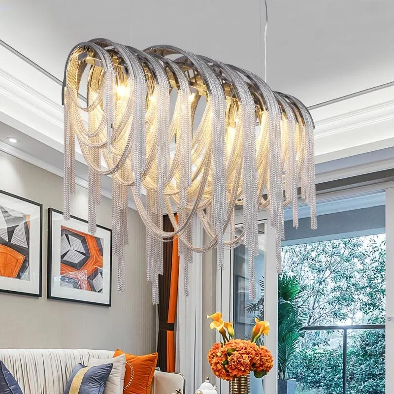 Modern Luxury Chrome Gold Tassel Led E14 Pendant Light Dining Room Metal Hanging Lamp Steel Cable Suspension Light Fixtures