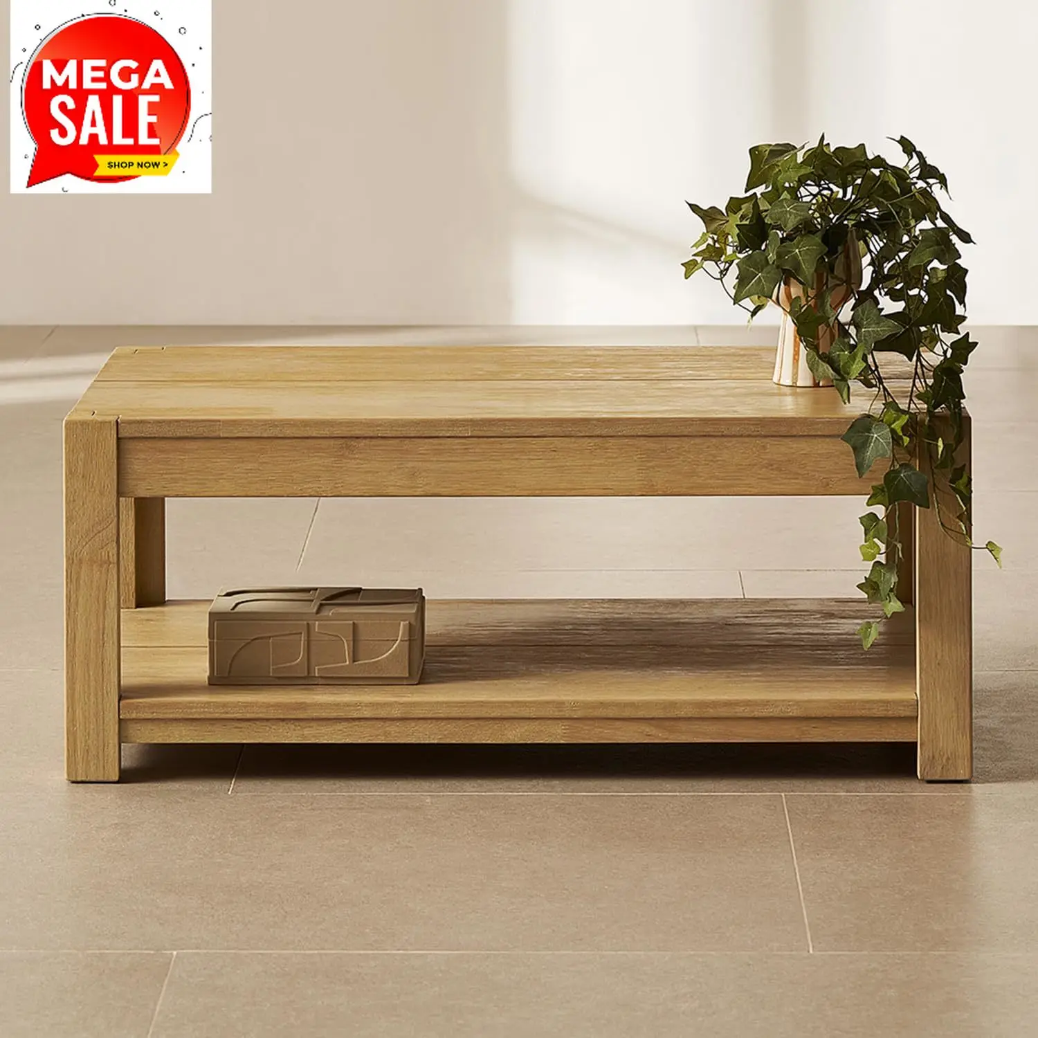 

BestsellerLogan Solid Wood 2-Tier Rectangle Coffee Table, Modern Farmhouse Solid Rubberwood with Light Wire Brush L Shaped Leg J