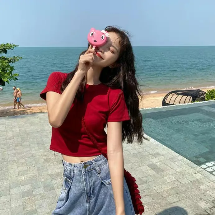 Red Short Sleeve T-Shirt Women's Summer Unique Design Short Tight Sweet And Spicy Girl Small Top round Neck Commute Style
