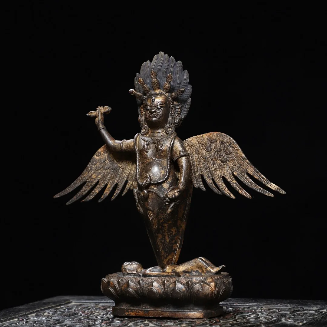 Old Bronze Gilded Cinnabar High Relief Garuda Dhwaja Protector Buddha Puma Vajrayana Buddha Vajra Standing Buddha Worship Hall