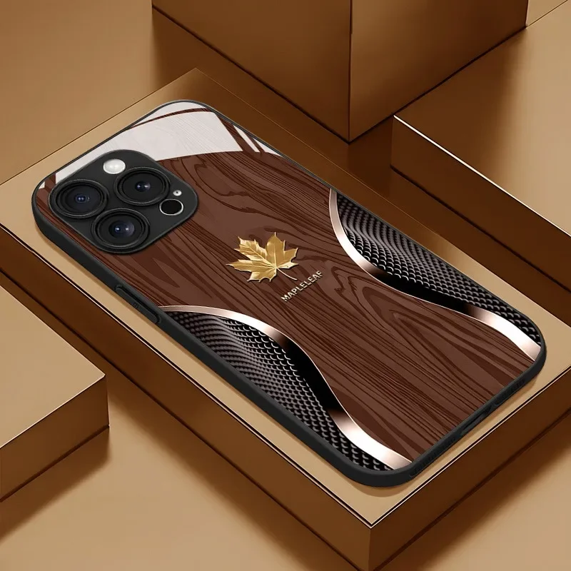 Funda de teléfono de cristal curvo de grano de madera de hoja de arce de lujo para Samsung A07 A26 A36 A56 A16 A06 A55 A15 A04 A34 A54 A24 A05 4G 5G