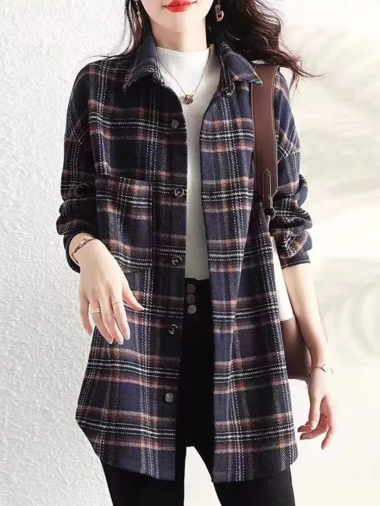 Plus size feminino puro algodão xadrez irt midi solto emagrecimento topo na moda commute coreano sle longo gola sve