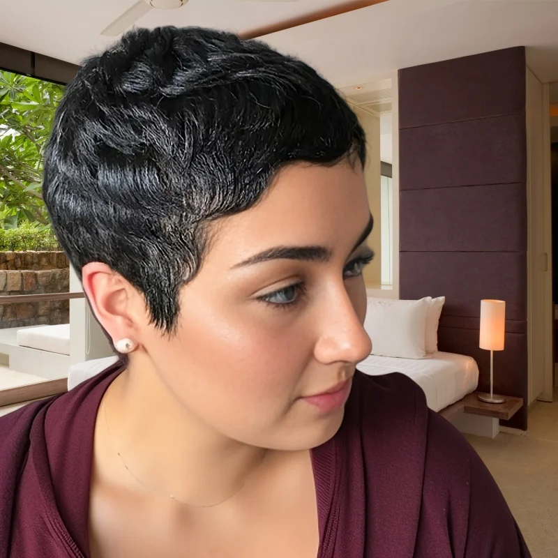 女性用人毛 100% 人毛ショートウィッグ 機械製ウィッグ