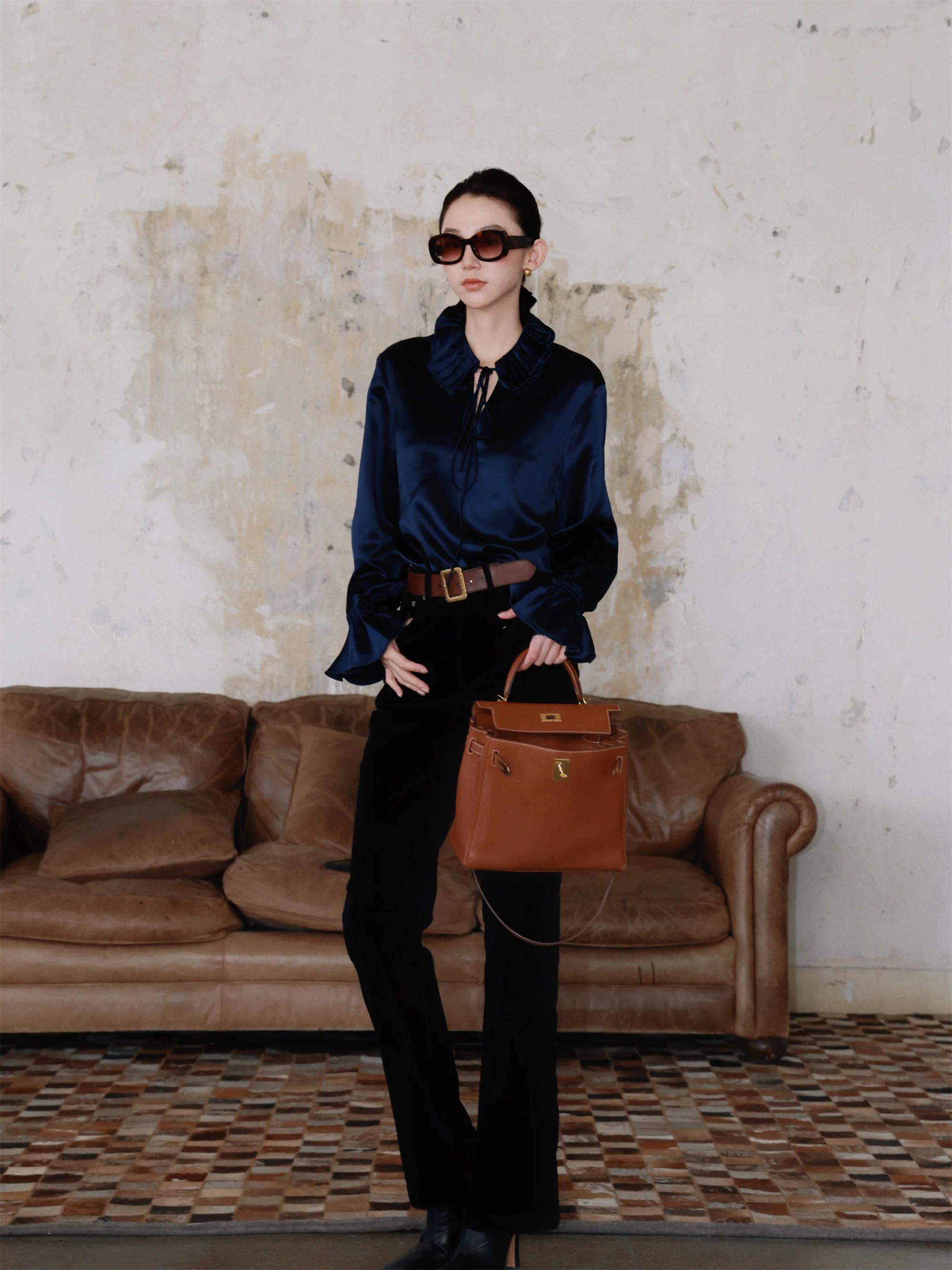 

Needop Midnight Blue Glowing White Acetate irt Ele Loose Fit Long Sve Women's irt Zipped Closure Winter 2025