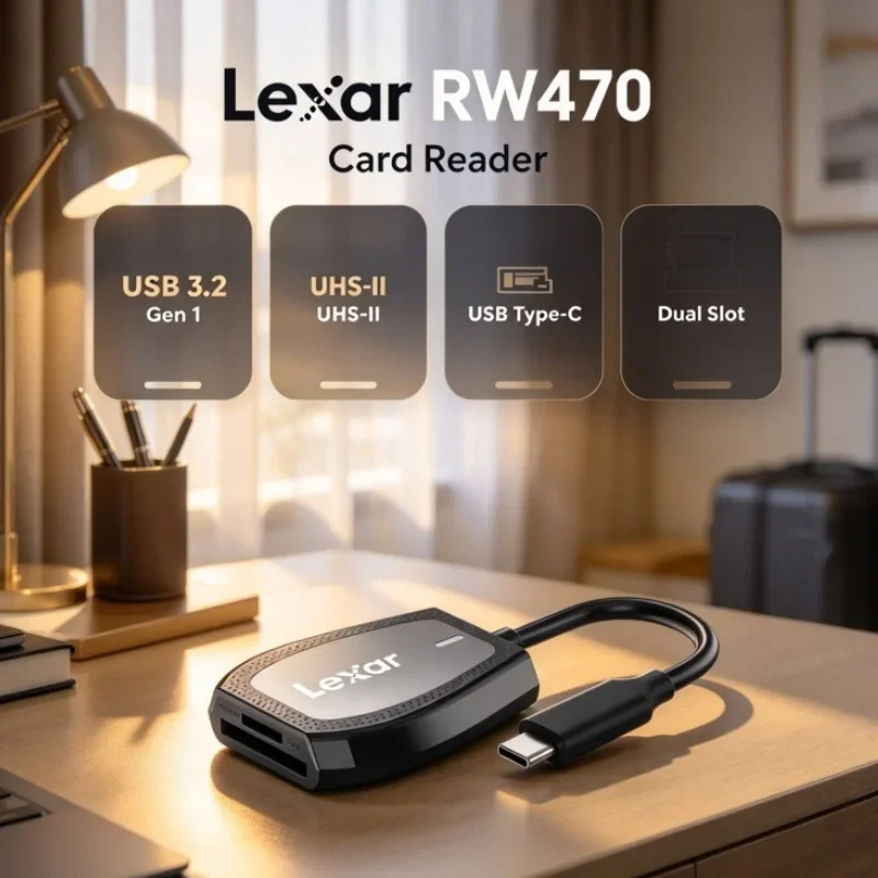 Lexar RW470 Dual Slot Card Reader SD microSD UHS-II USB 3.2 Gen 1 Type-C for Camera Memory Card Data Transfer
