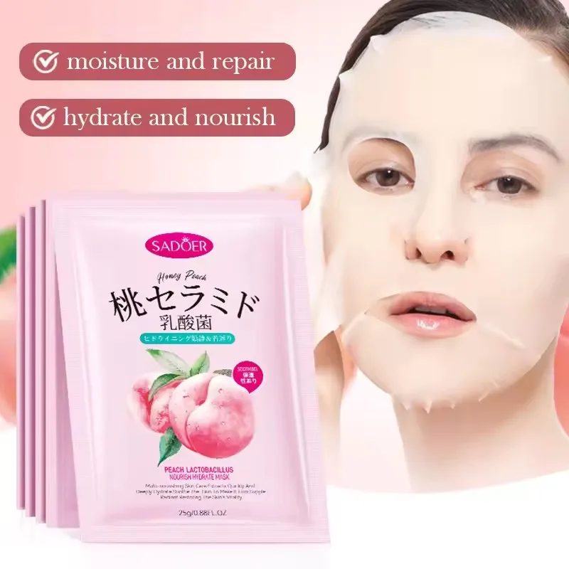 5pcs SADOER Peach Lactobacillus Face Mask Moisturizing Brightening Hydrating Nourishing Firming Facial Masks Face Skin Care