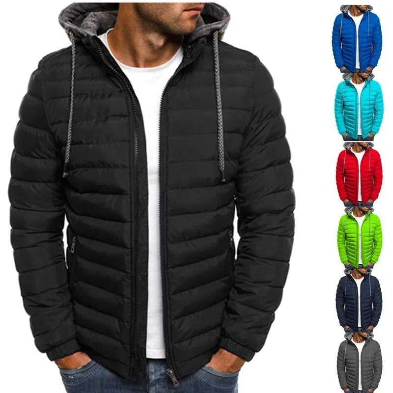 Men\'s Casual Cotton-padded Clothes Korean Winter Mens Solid Color Warm Hooded Quilted Padded Coat Fashion Zipper Jacket Outwear