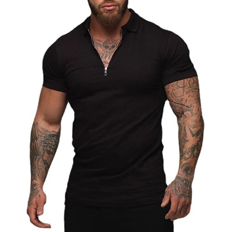 New Summer Fashion Polo Shirt Mens Stretch Cotton Sports Polos Male Zipper Short Sleeve Slim Fit T Shirt Casual Gym Clothing