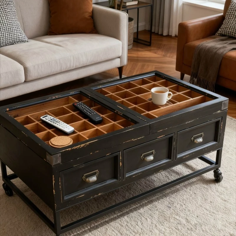 

Creative antique solid wood retro double-sided six-drawer multi-grid treasure cabinet coffee table coffee table