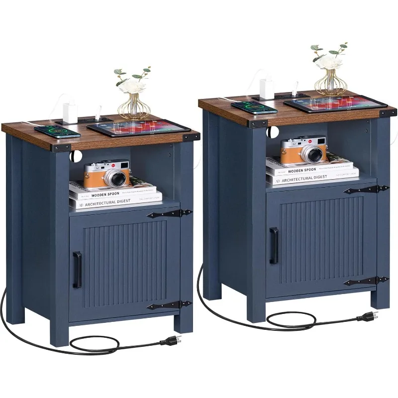 Conjunto de mesa de cabeceira de 2, mesa de cabeceira de fazenda de 18 polegadas com estação de carregamento e porta USB, mesa final de sofá rústico com magnético