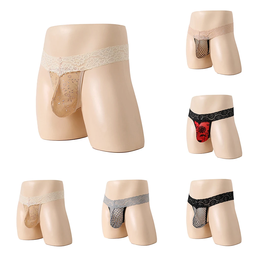 String en dentelle à imprimé creux en maille pour hommes, sous-vêtement bikini en poudre, culotte G-String, caleçon tentation, string élastique serré