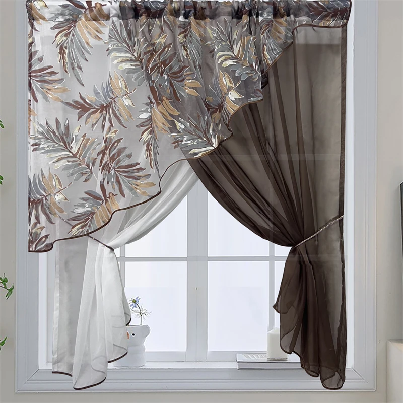 Grey Leaves Crossed Sheer Curtain Top Rod Pocket Suspension Kitchen Tulle Short Curtain Door Window Living Room Partition Drapes