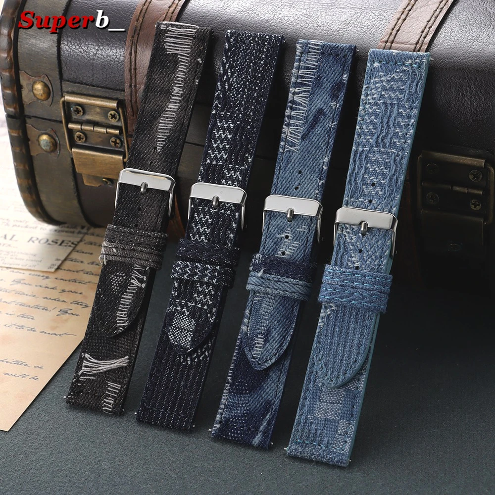 Denim Indigo Floral Watchband for Omega Vintage Leather Strap 18mm 20mm 22mm Watch Band for Seiko Men and Women Universal Correa