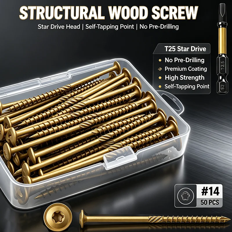50Pcs #14 x 6 Inch Golden Structural Wood Screws T25 Torx Flat Head Self Tapping Screws with T25 Bit for Heavy Duty Wood