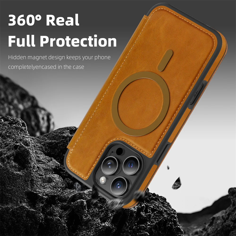 Luxuriöse magnetische Flip-Leder-Brieftaschen-Handyhülle mit Magnet für iPhone 18 15 16 17 Pro Max 16E 14 13 12 11 mit Kartenfach und Kartenhalter – Detail 7
