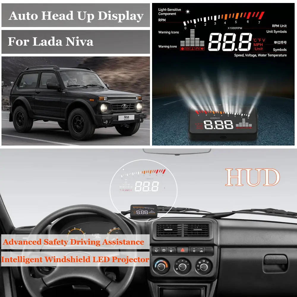 Car Head Up Display For Lada Niva 2010-2026 AUTO HUD Vehicle LED Windshield Projector Accessories Speedometer Odometer RPM