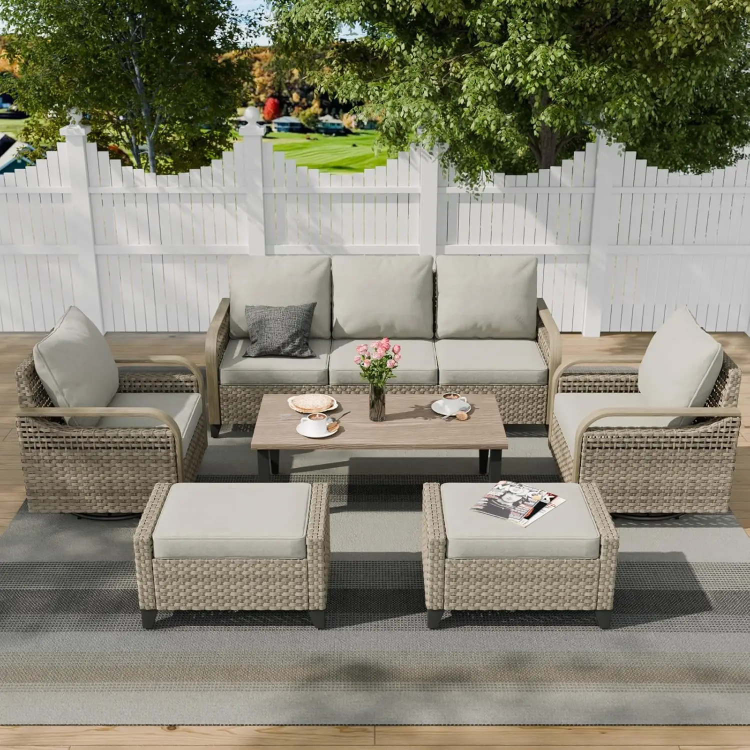 

Modern Wicker Outdoor Furniture Set Swivel Rockers 3 Seat Sofa Ottoman Coffee Table 6 Piece Patio Garden, Customized