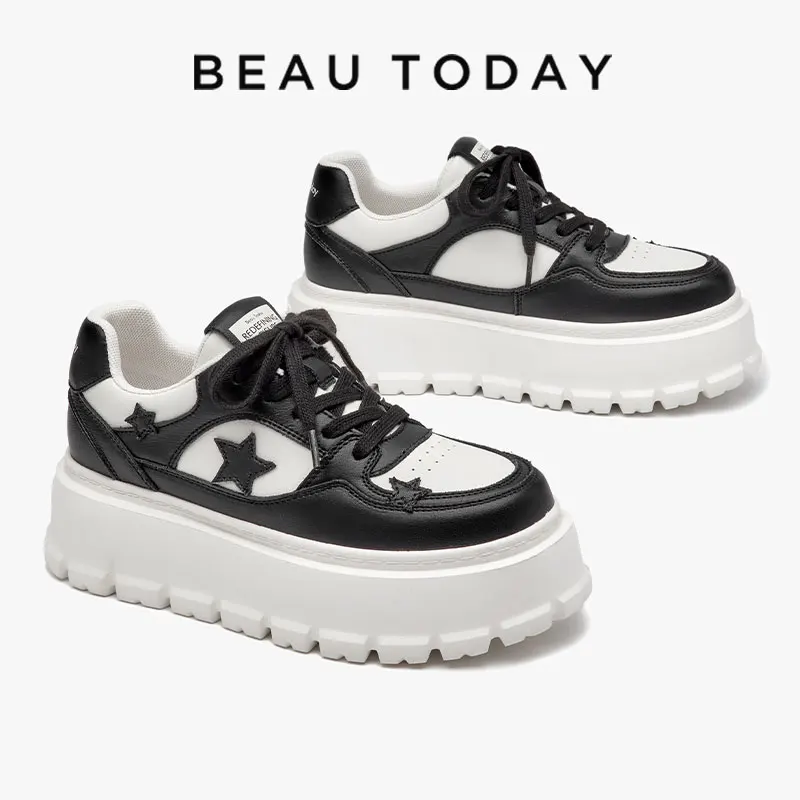 BeauToday Platform Sneakers Women Thick Sole Round Toe Star Decoration Lace-up Spring Casual Ladies Shoes Handmade 29705