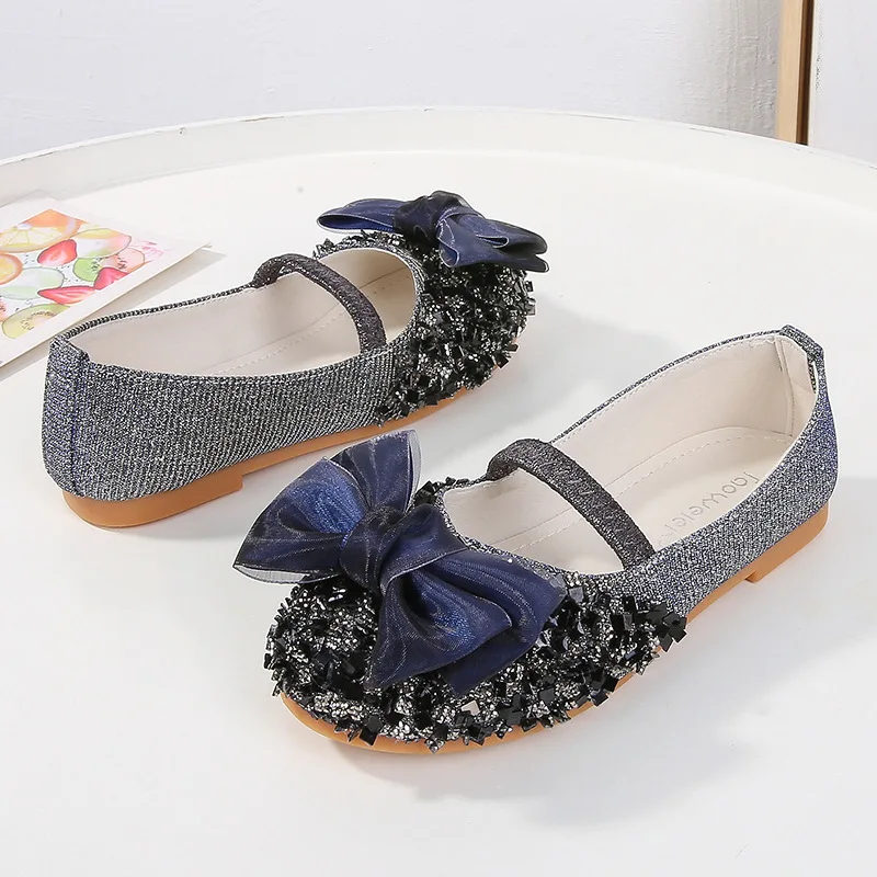 

Kids'Casual Shoes PU Leather Spring Fashion Sequin Bow Outdoor Flat Shoes For Girls Breathable Anti-slip Silver Blue Size 25-36