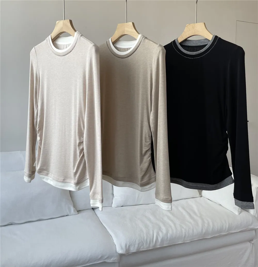 

Autumn B*C Wool Tencel Fake Two-Piece Bottoming Shirt Female All-Match Long-Sleeved Pullover Top